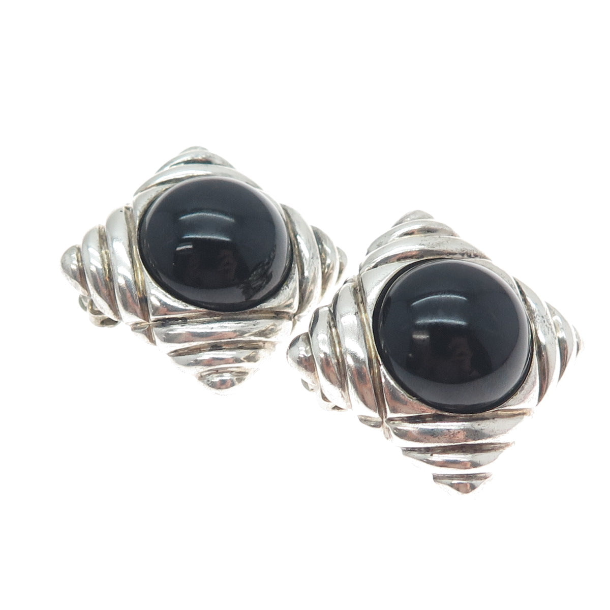 NR NANCY & RISE 925 Sterling Silver Vintage Real Black Onyx Clip On Earrings