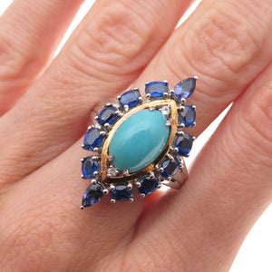 925 Sterling Silver 2-Tone Real Turquoise Sapphire & White Topaz Ring Size 8.25