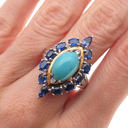 925 Sterling Silver 2-Tone Real Turquoise Sapphire & White Topaz Ring Size 8.25