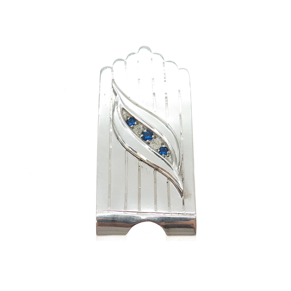 925 Sterling Silver Overlaid Vintage Mexico Blue Rhinestone Modernist Money Clip