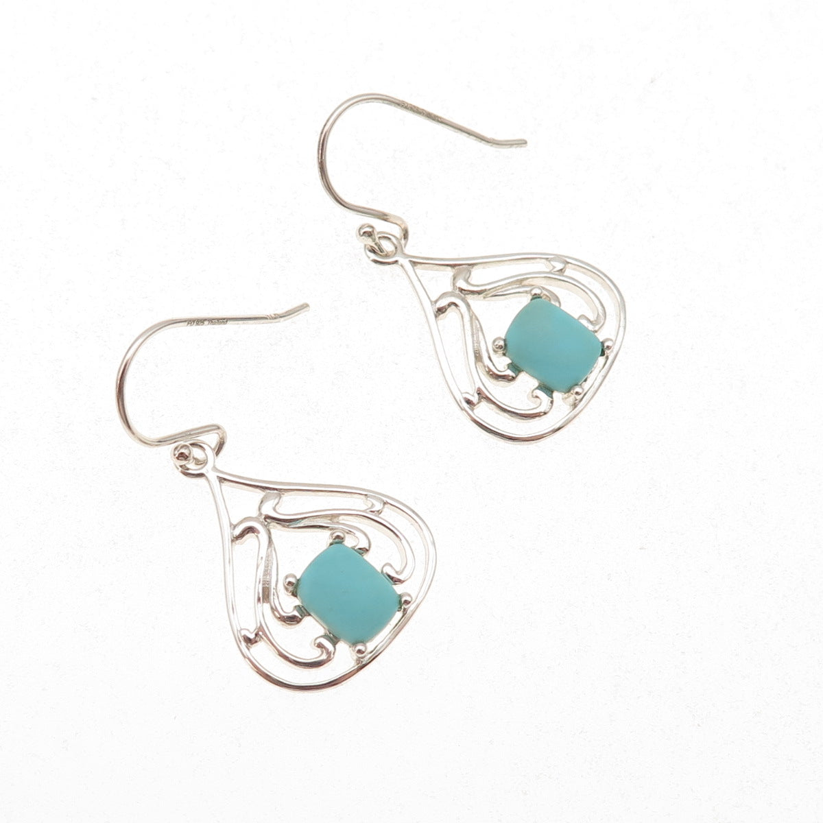 Felicia Design 925 Sterling Silver Real Tyrone Turquoise Dangle Earrings
