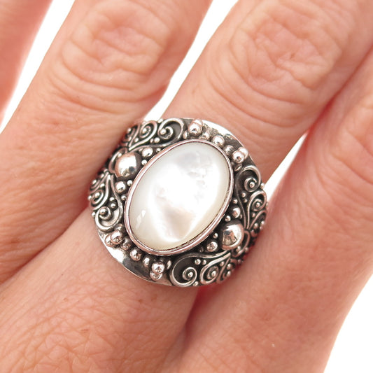 Suarti Bali 925 Sterling Silver Vintage Real MOP Floral Oxidized Ring Size 7