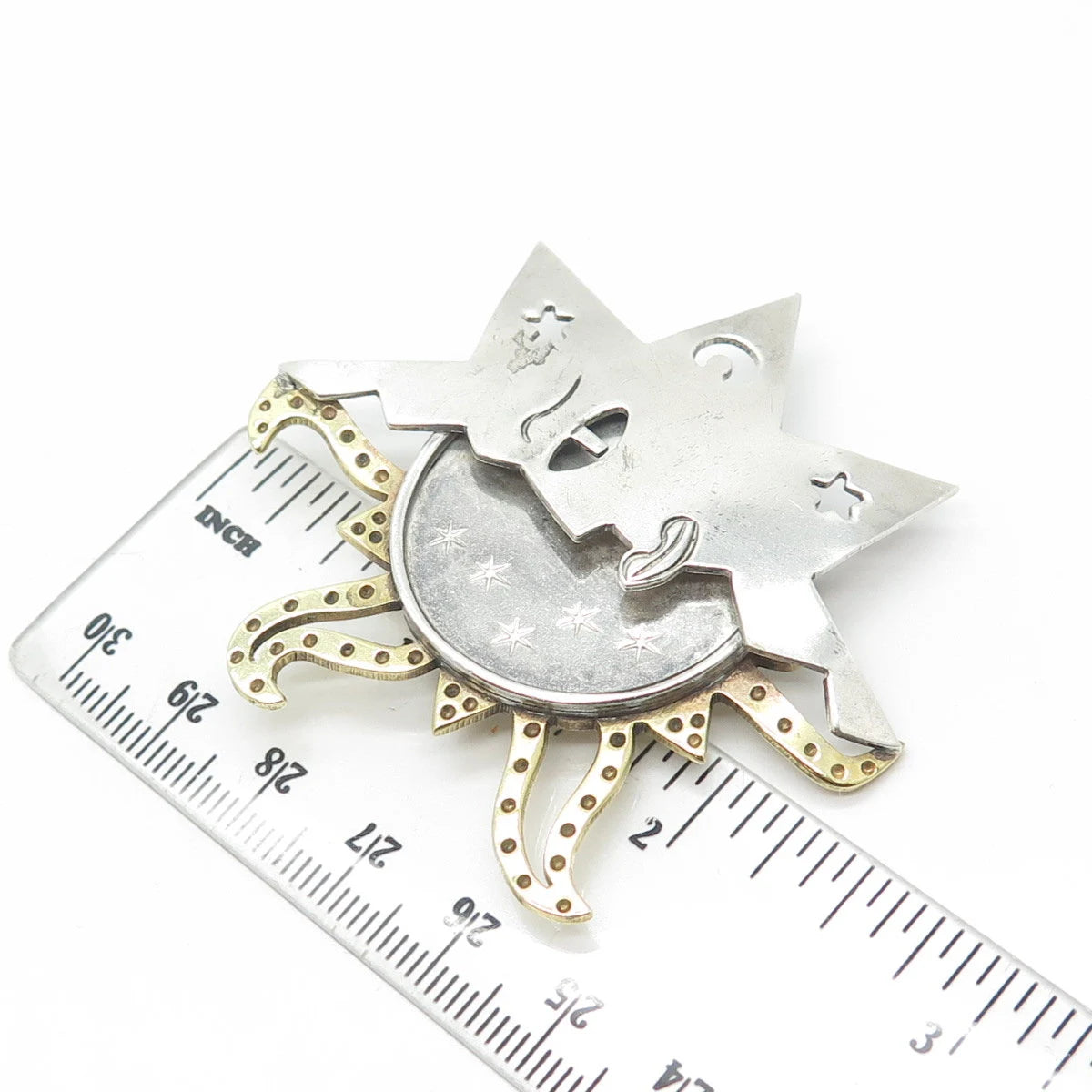 925 Sterling Silver 2-Tone Vintage Mexico Handmade Sun & Stars Pin Brooch