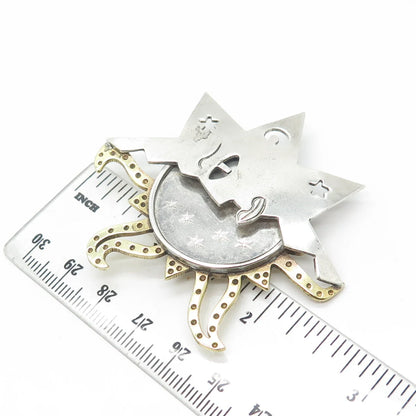 925 Sterling Silver 2-Tone Vintage Mexico Handmade Sun & Stars Pin Brooch