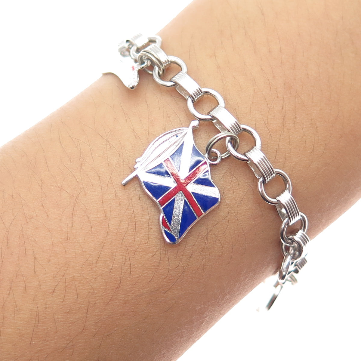 925 Sterling Antique Enamel Union Flag Feather Horseshoe Key Charm Bracelet 6.5"