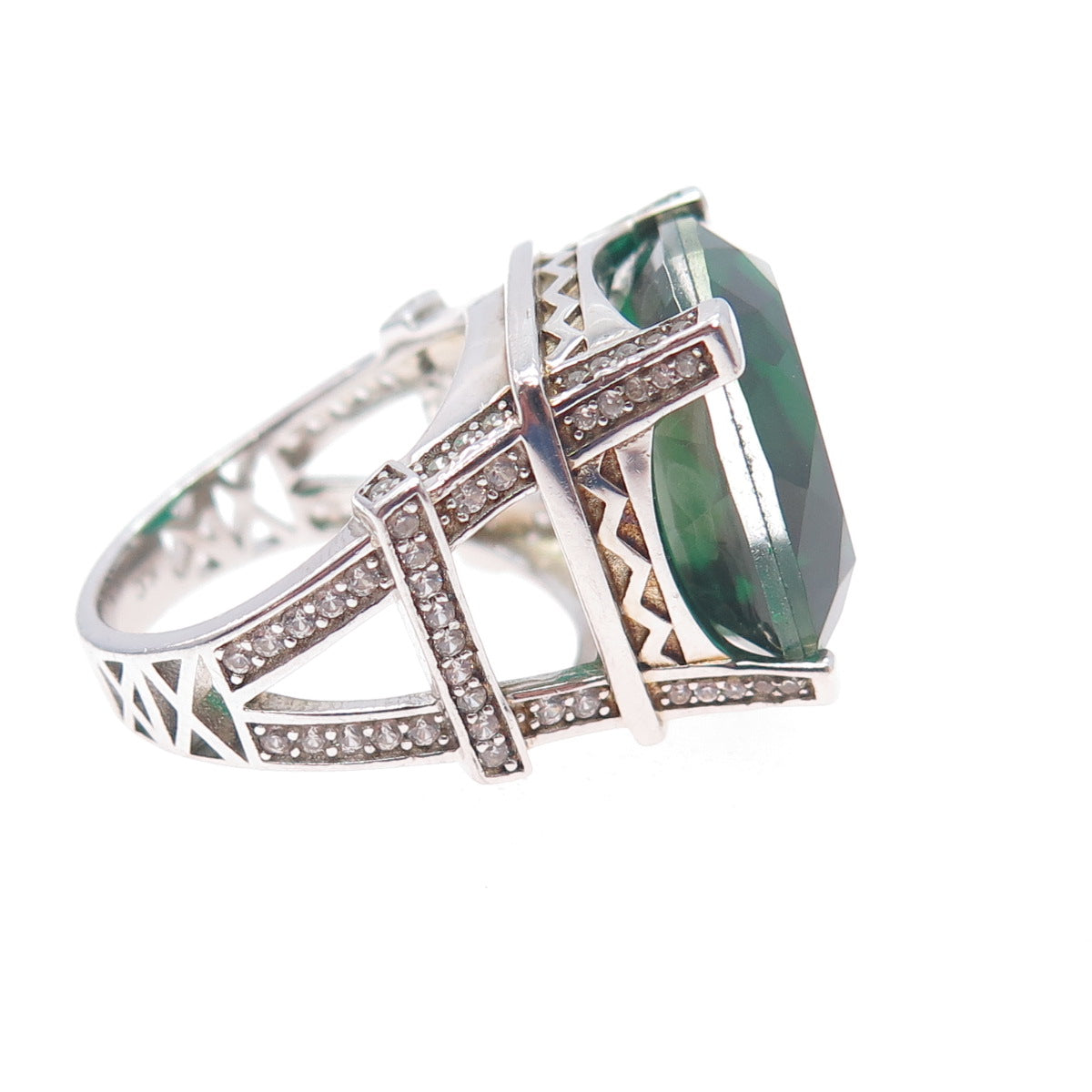 925 Sterling Silver Real Doublet Chrome Diopside & White Topaz Ring Size 6.25