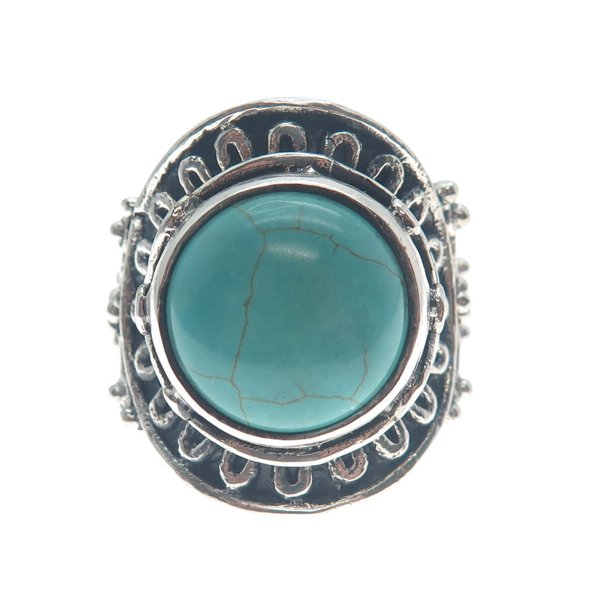 925 Sterling Silver Vintage Real Mountain Turquoise Sun Oxidized Ring Size 10.25