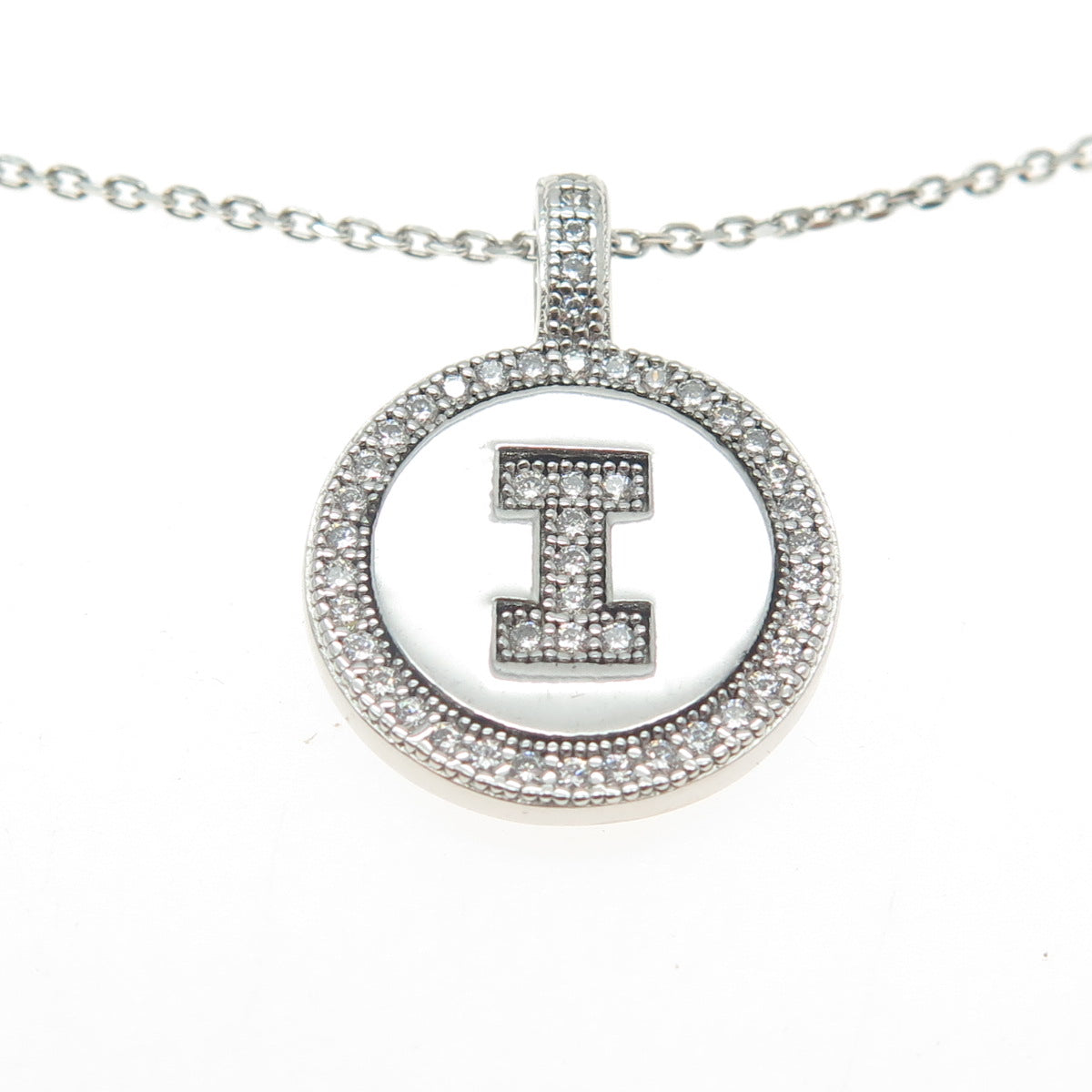 925 Sterling Silver Italy Pave C Z Letter "I" Initial Cable Chain Necklace 16"
