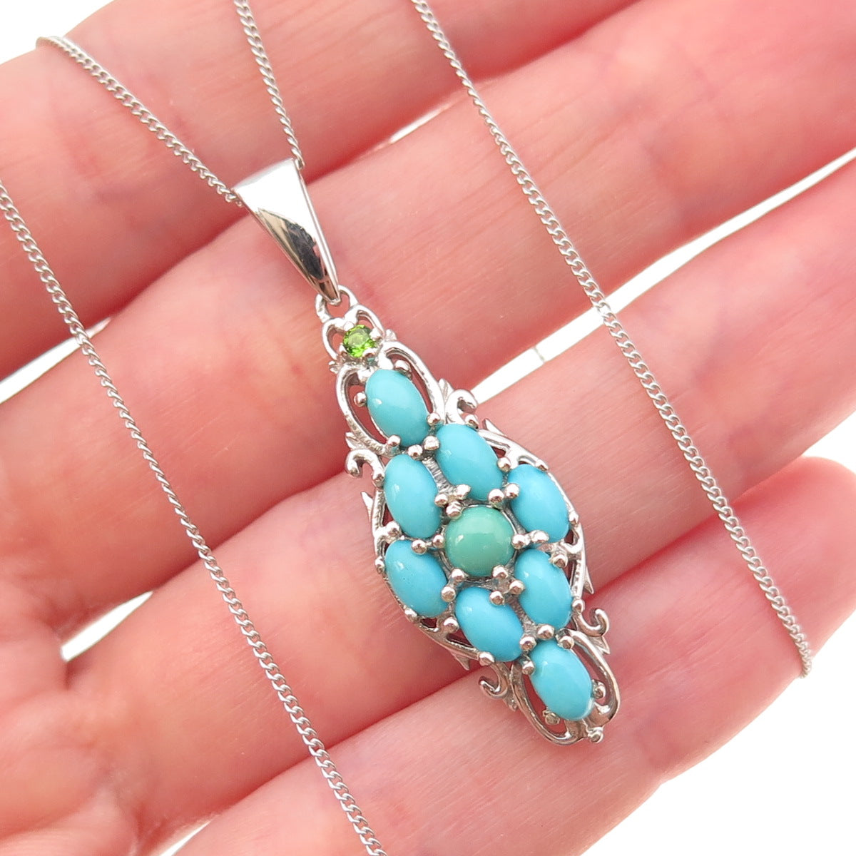 Chuck Clemency Sterling Silver Real Turquoise & Peridot Curb Chain Necklace 20"