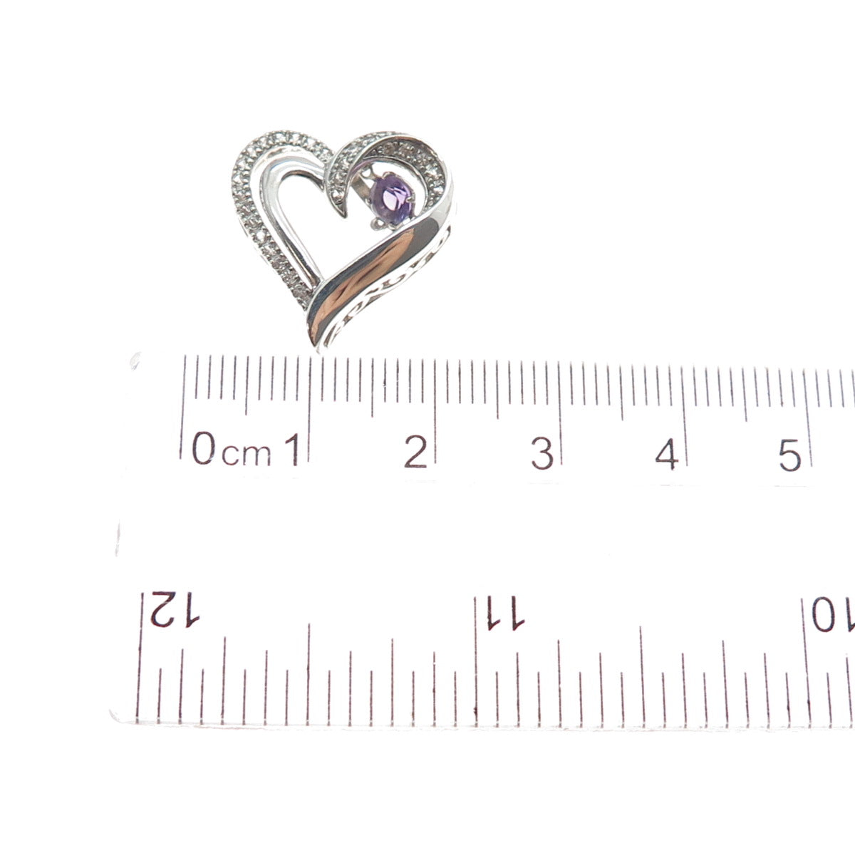925 Sterling Silver Real Amethyst & White Topaz Heart Mini Slide Charm Pendant