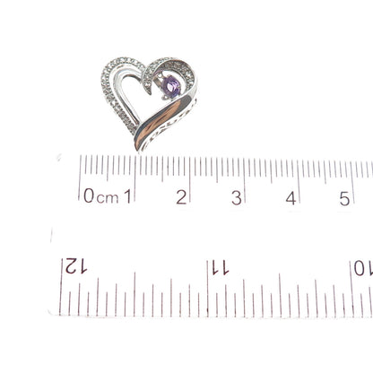 925 Sterling Silver Real Amethyst & White Topaz Heart Mini Slide Charm Pendant