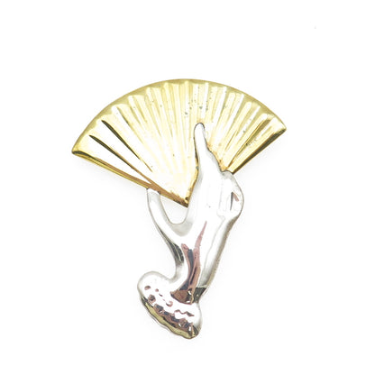 925 Sterling Silver 2-Tone Vintage Mexico Lady Hand & Fan Pin Brooch