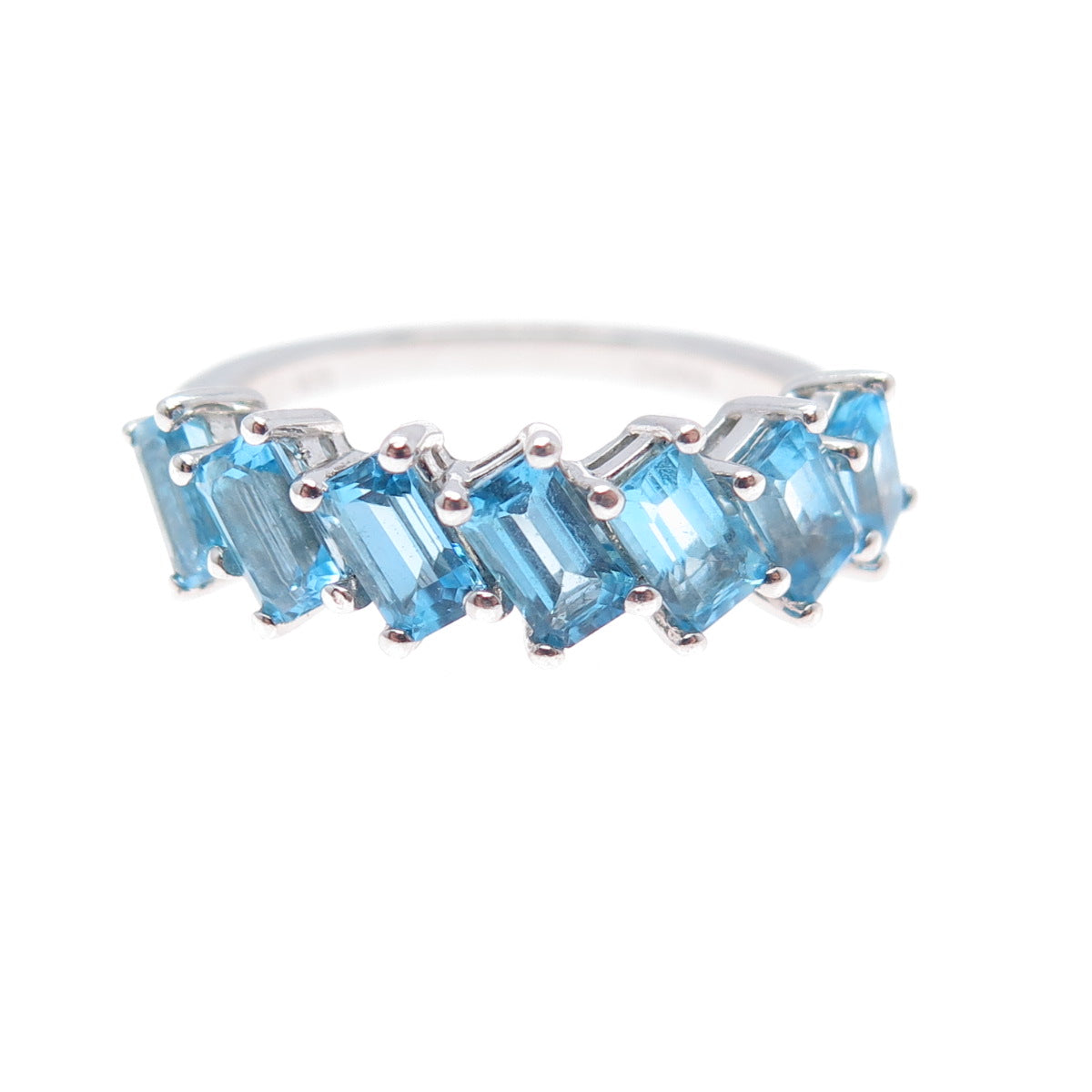 925 Sterling Silver Vintage Real Emerald-Cut Blue Topaz Ring Size 7