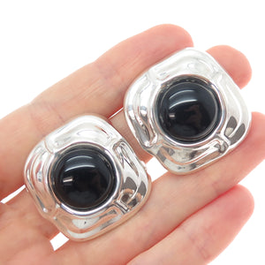 925 Sterling Silver Vintage Mexico Real Black Onyx Modernist Clip On Earrings
