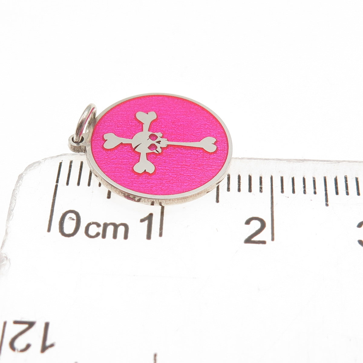 925 Sterling Silver Pink Enamel Skull Cross Bones Mini Charm Pendant