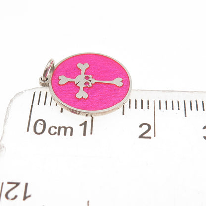 925 Sterling Silver Pink Enamel Skull Cross Bones Mini Charm Pendant