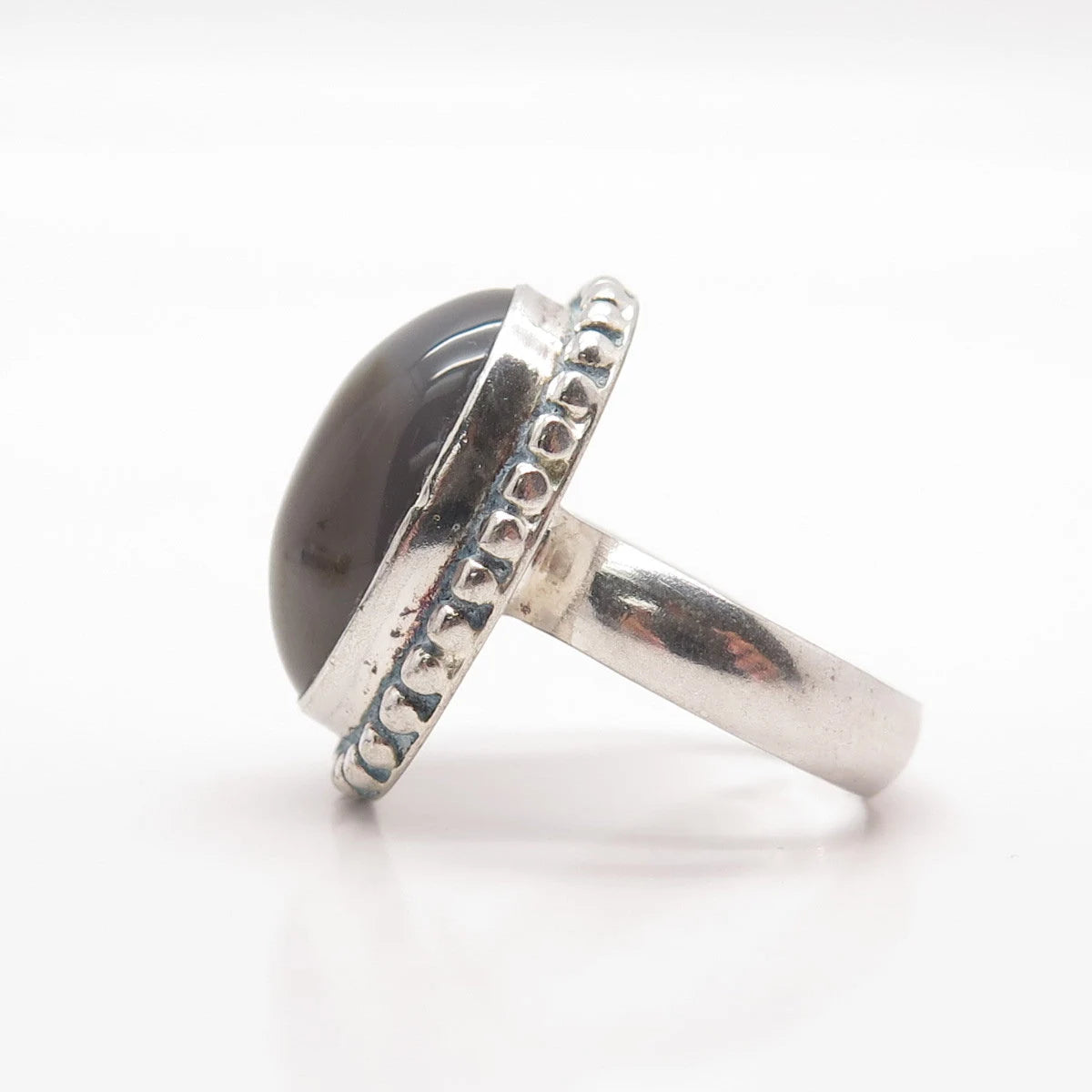 925 Sterling Silver Vintage Real Agate Gem Beaded Oval Ring Size 8.25