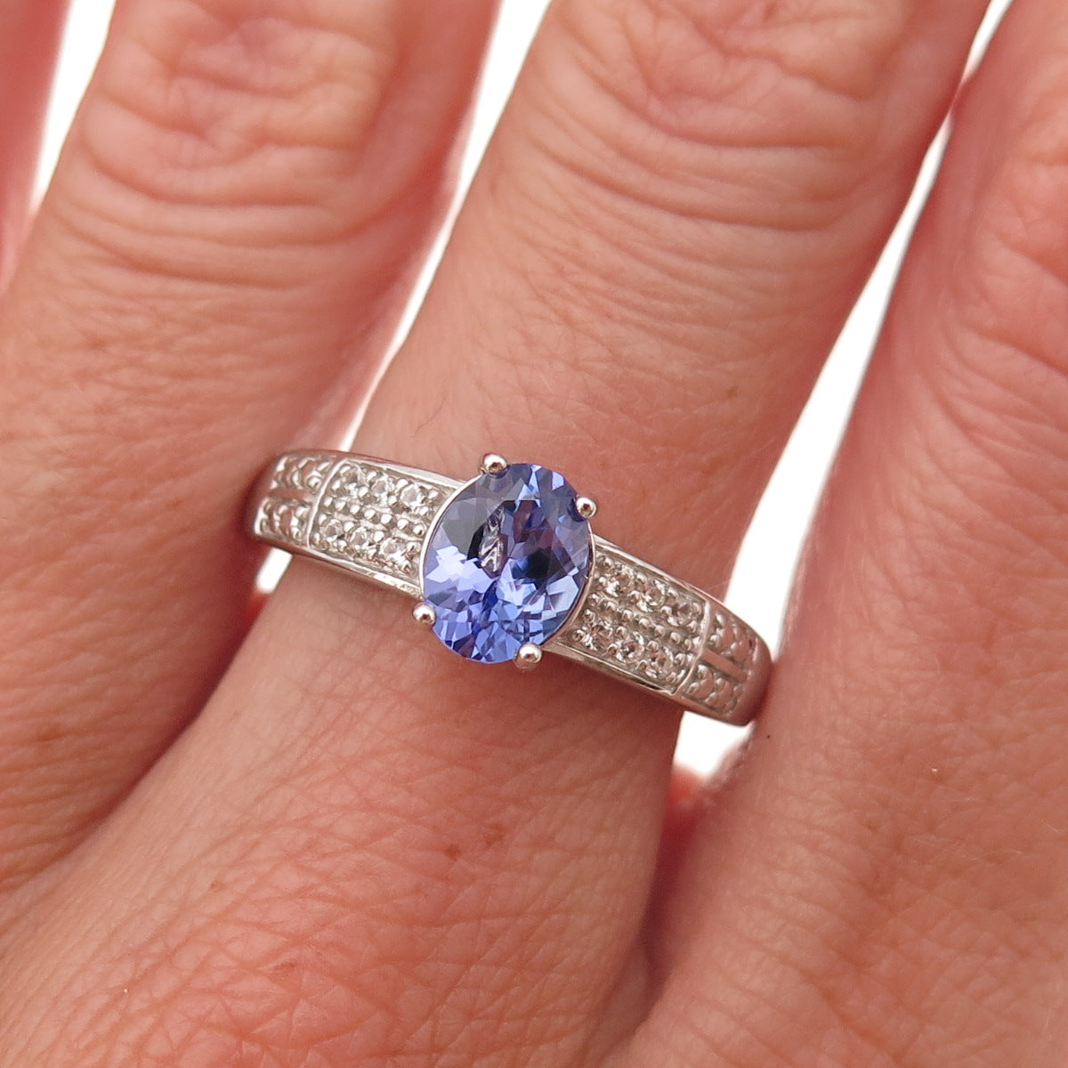 925 Sterling Silver Real Tanzanite & White Topaz Ring Size 8