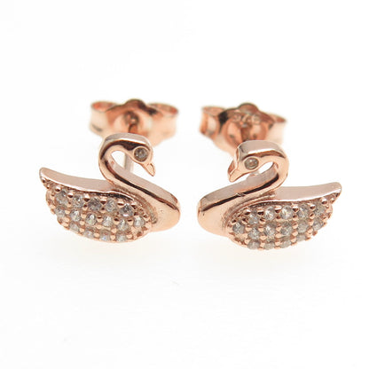 925 Sterling Silver Rose Gold Plated Pave C Z Swan Stud Earrings