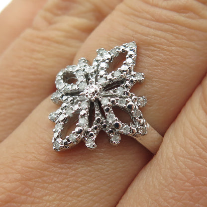 925 Sterling Silver Real Round-Cut Diamond Flower Ring Size 8