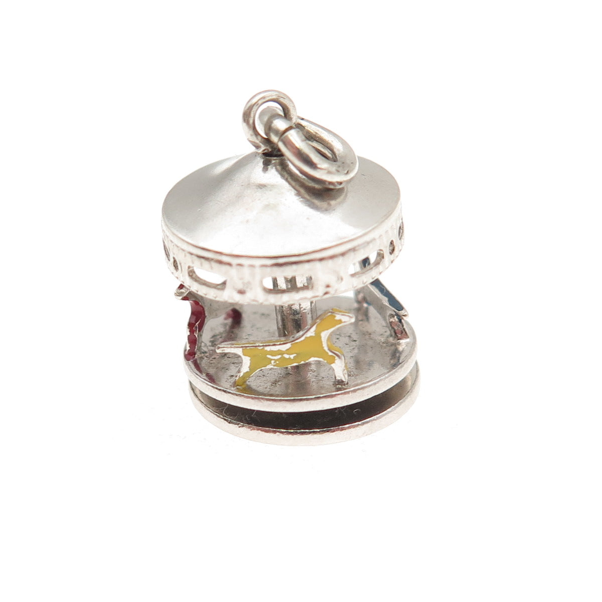 925 Sterling Silver Antique Art Deco Enamel Carousel Movable 3D Mini Pendant