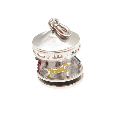 925 Sterling Silver Antique Art Deco Enamel Carousel Movable 3D Mini Pendant