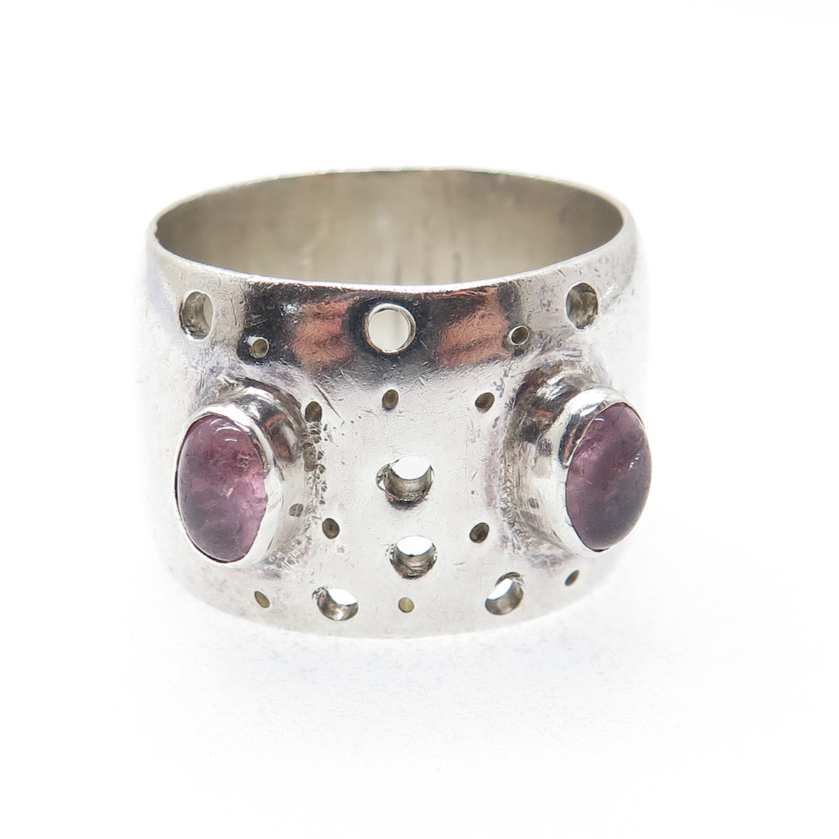 925 Sterling Silver Vintage Real Amethyst Modernist Wide Band Ring Size 8.5