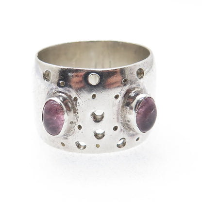 925 Sterling Silver Vintage Real Amethyst Modernist Wide Band Ring Size 8.5