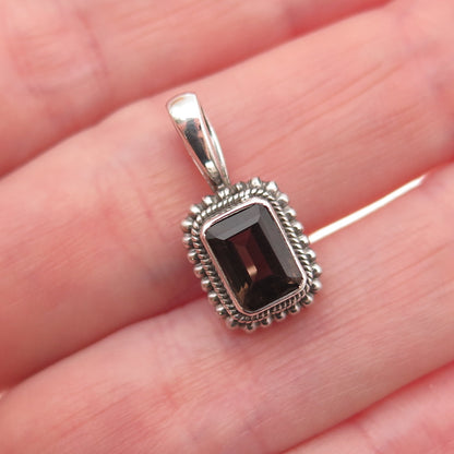 925 Sterling Silver Vintage Real Emerald-Cut Smoky Quartz Mini Charm Pendant