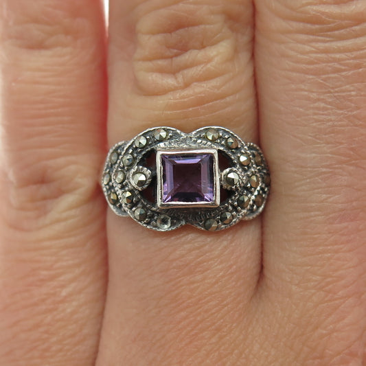 925 Sterling Silver Vintage Real Amethyst & Marcasite Gemstone Ring Size 7