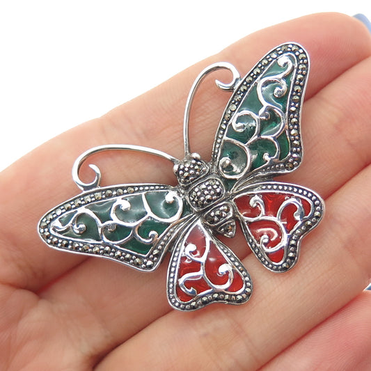 925 Sterling Silver Vintage Enamel Real Marcasite Butterfly Pin Brooch