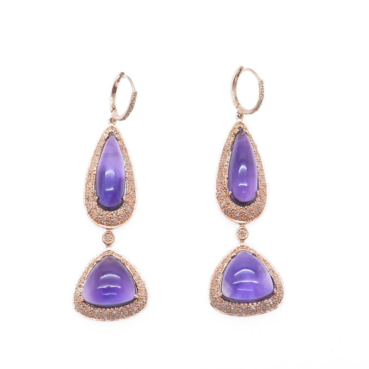 925 Sterling Silver Rose Gold Plated Real Diamond & Amethyst Dangle Earrings