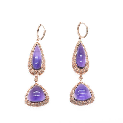 925 Sterling Silver Rose Gold Plated Real Diamond & Amethyst Dangle Earrings