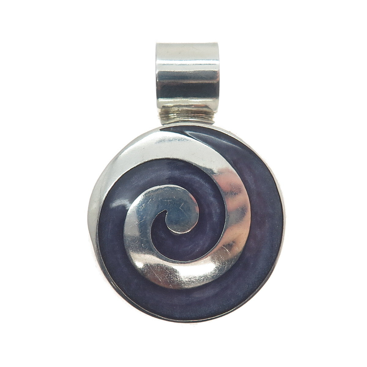 925 Sterling Silver Vintage Mexico Enamel Spiral Modernist Pendant