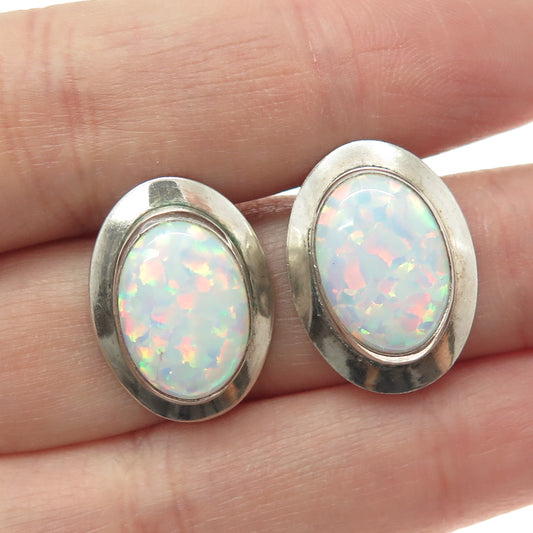 925 Sterling Silver Vintage Real White Opal Gemstone Modernist Earrings