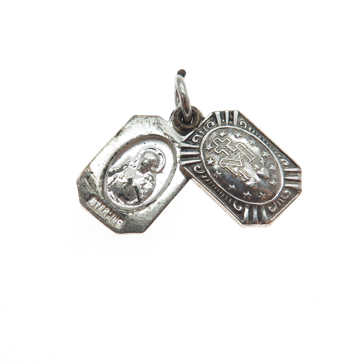 925 Sterling Silver Antique Enamel St. Mary Religious Baby Slide Mini Pendant