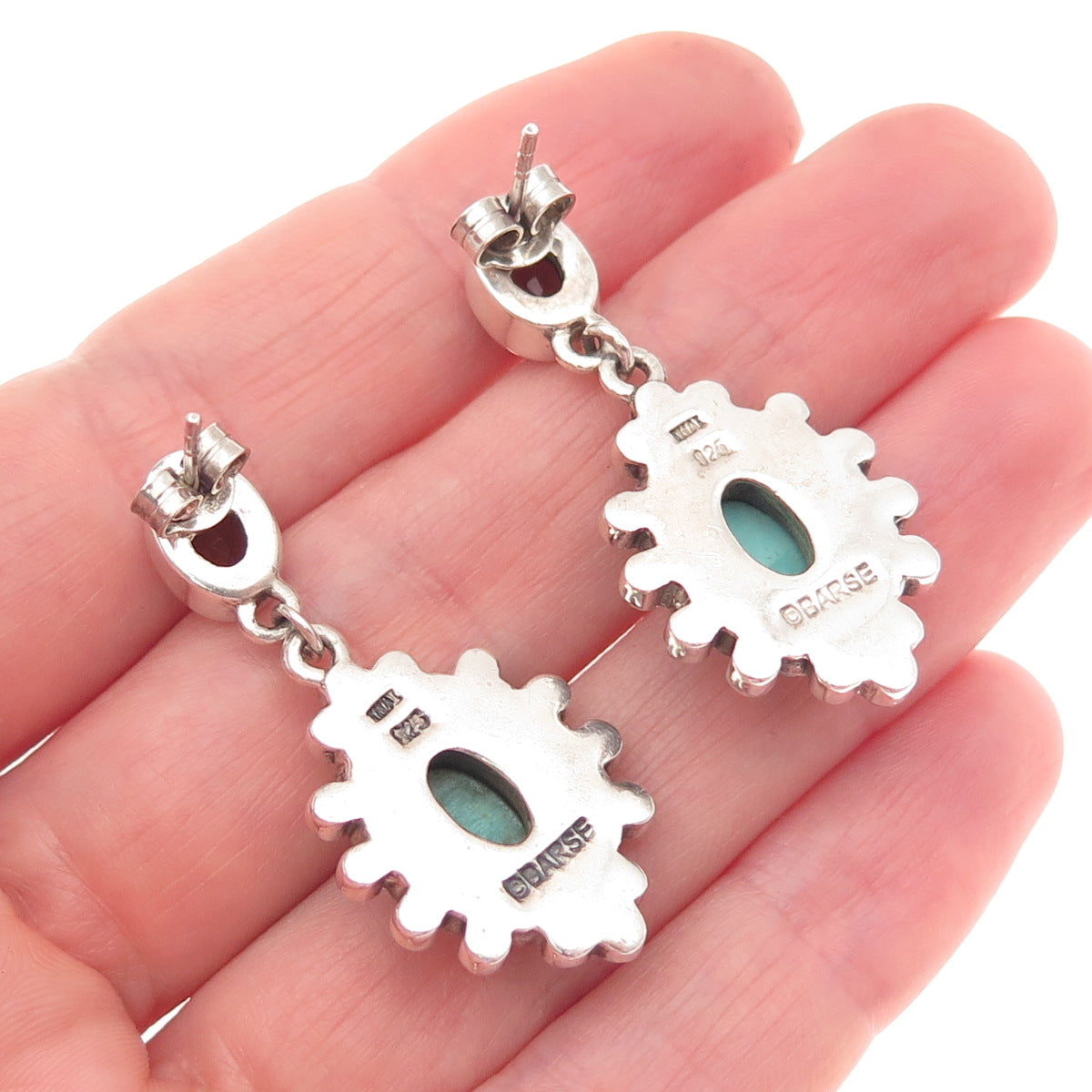 BARSE Sterling Silver Vintage Rhinestone Real Turquoise & Smoky Quartz Earrings