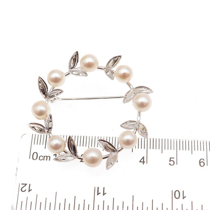 925 Sterling Silver Antique Real Akoya Pearl Floral Circle of Life Pin Brooch