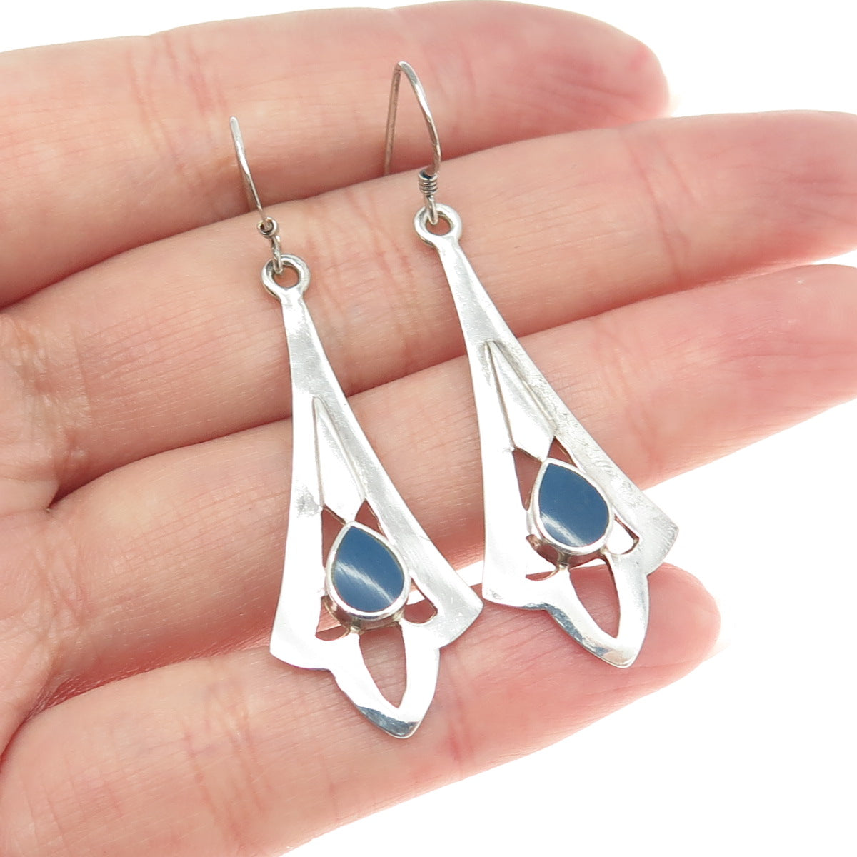 925 Sterling Silver Vintage Real Lapis Floral Dangling Earrings