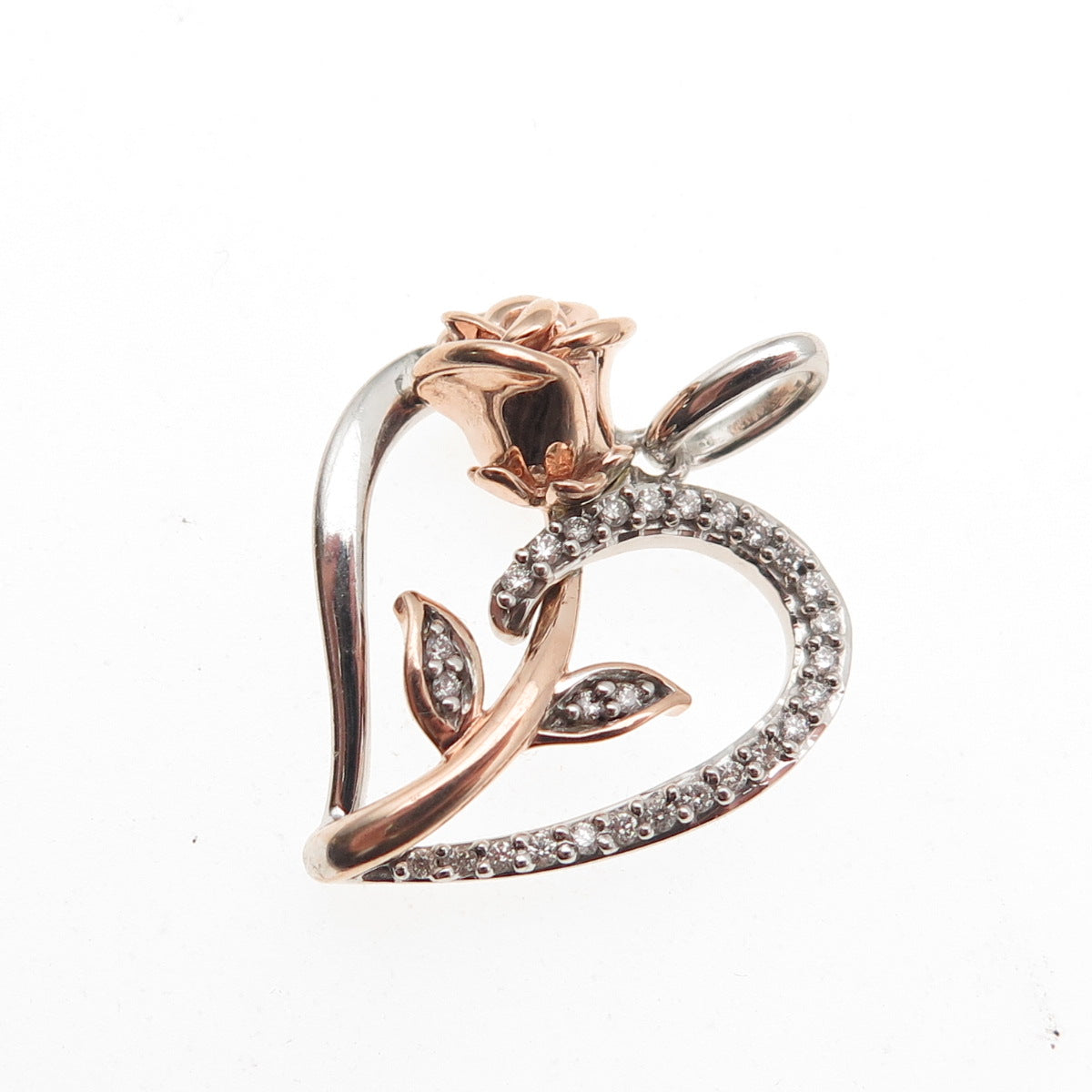 DISNEY 925 Sterling 10K Gold Real Diamond Belle Rose & Heart Mini Charm Pendant