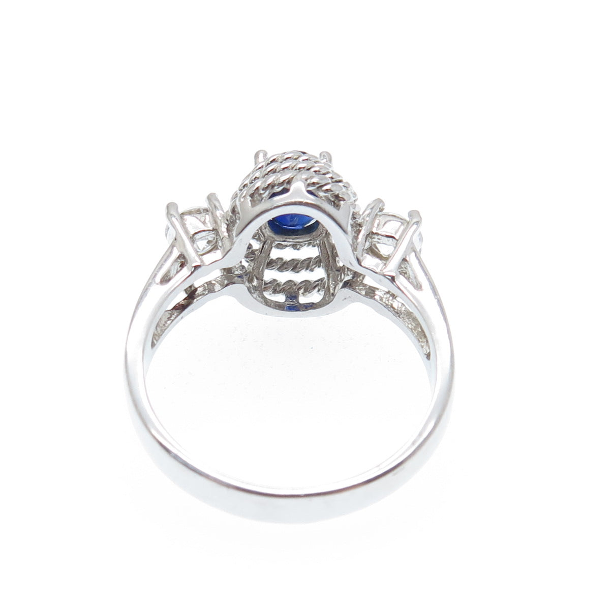 925 Sterling Silver Real Sapphire Gemstone & C Z Roped Bezel Ring Size 7.25