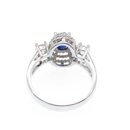 925 Sterling Silver Real Sapphire Gemstone & C Z Roped Bezel Ring Size 7.25