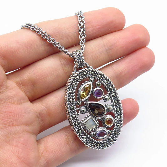 925 Sterling Silver Vintage M.S.Co. Real Multi-Color Gem Rolo Chain Necklace 17"