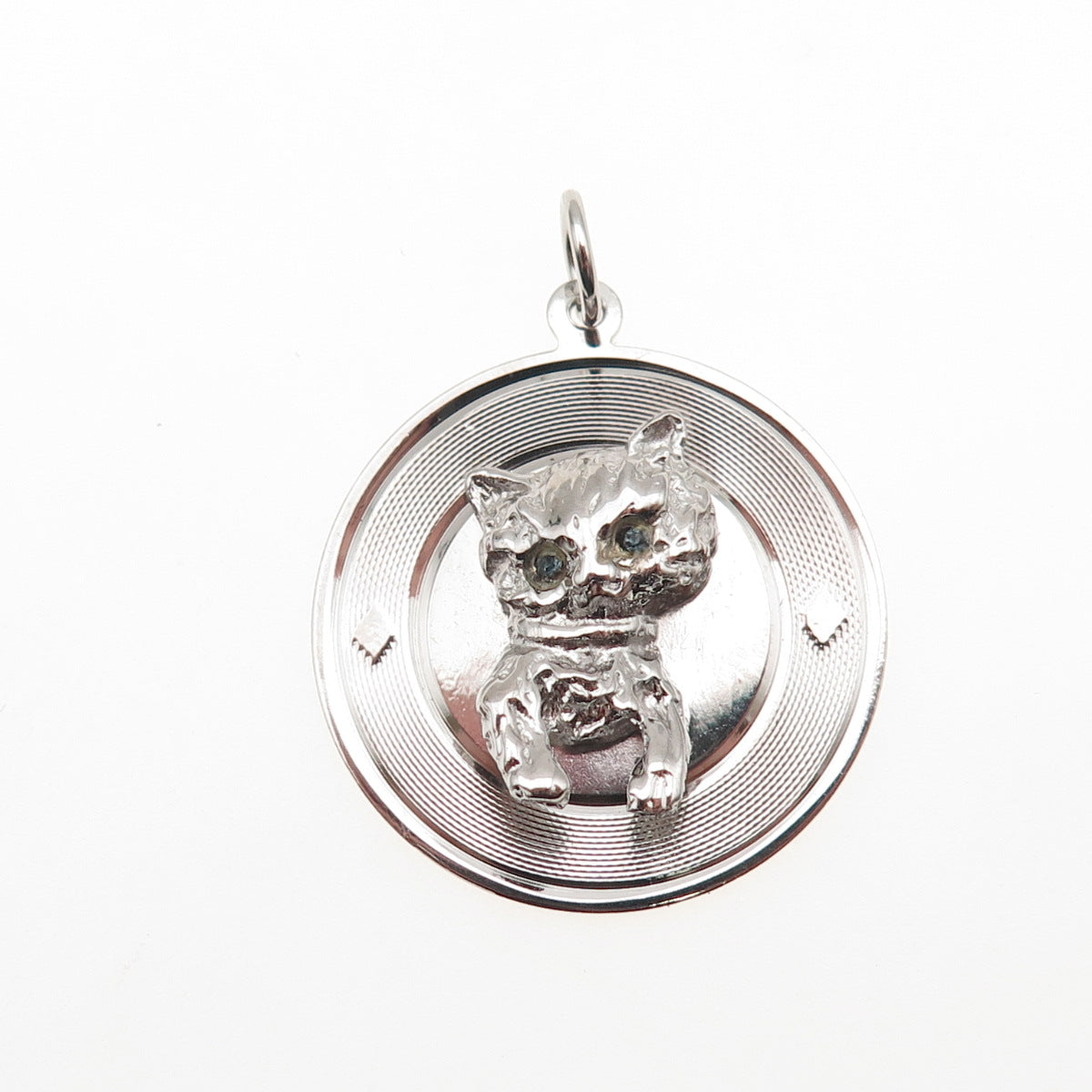 925 Sterling Silver Vintage Blue Rhinestone Kitty Cat Charm Pendant