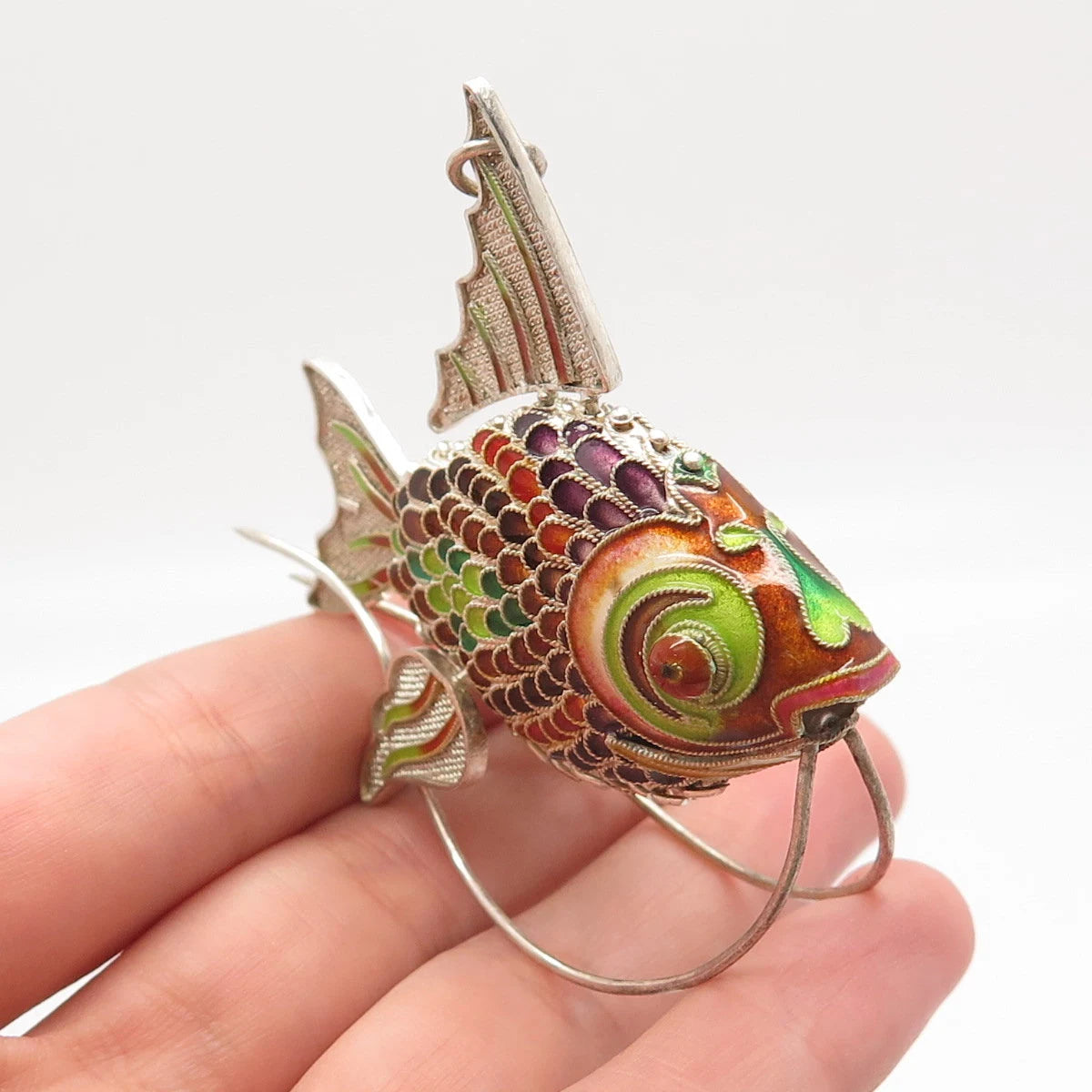 925 Sterling Silver Antique Enamel Articulated Chinese Koi Fish Chatelaine Fob