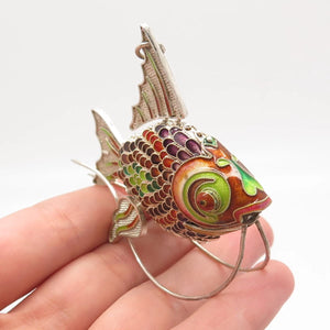 925 Sterling Silver Antique Enamel Articulated Chinese Koi Fish Chatelaine Fob