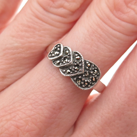 925 Sterling Silver Vintage Real Marcasite Heart Oxidized Ring Size 7
