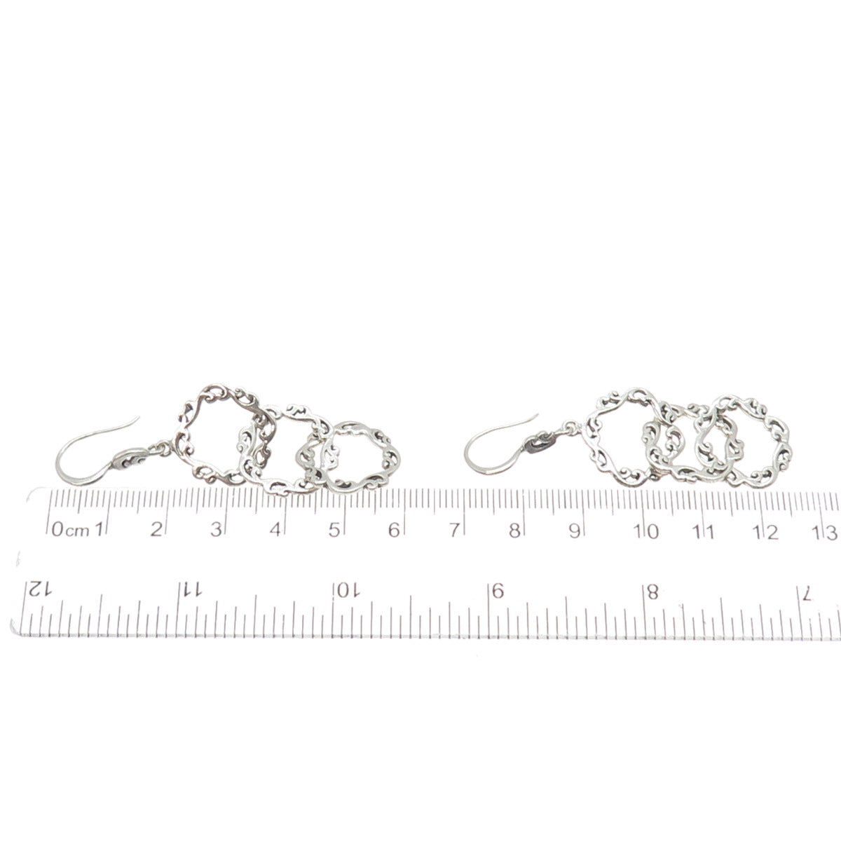 925 Sterling Silver Vintage Floral Scroll Circle Link Dangle Earrings