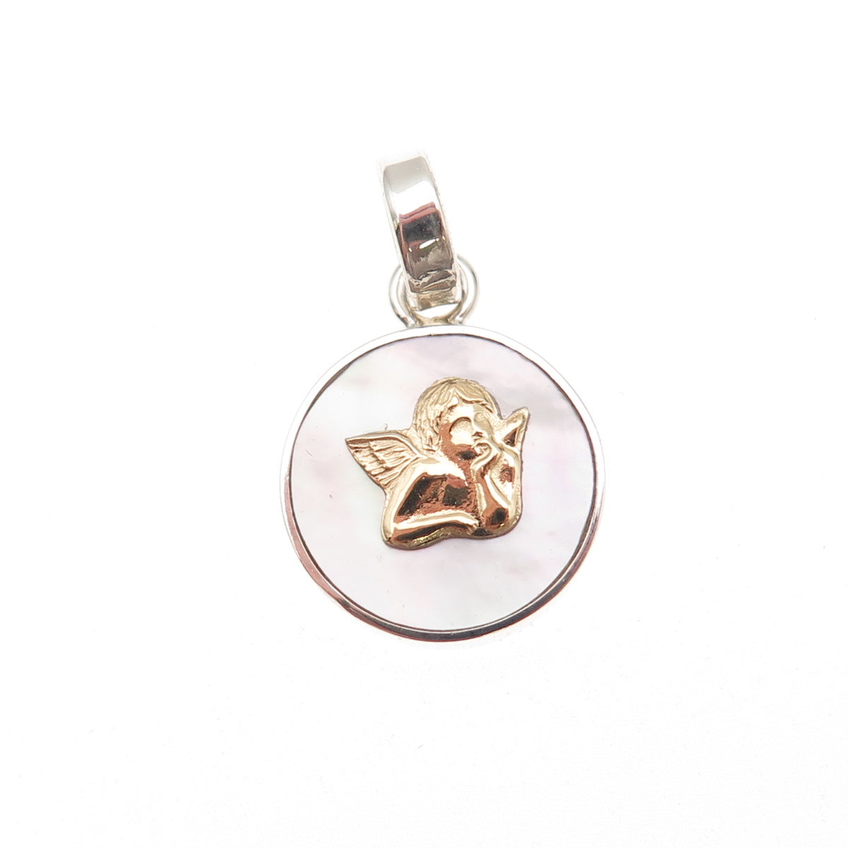 950 Silver 18K Gold Vintage Real MOP Cherub Charm Pendant