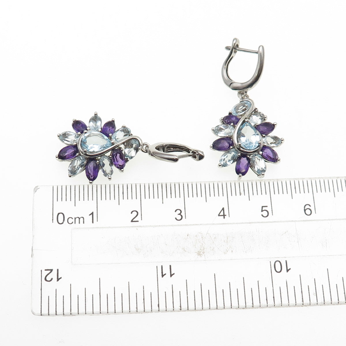 925 Sterling Silver Vintage Real Amethyst & Blue Topaz Dangle Earrings